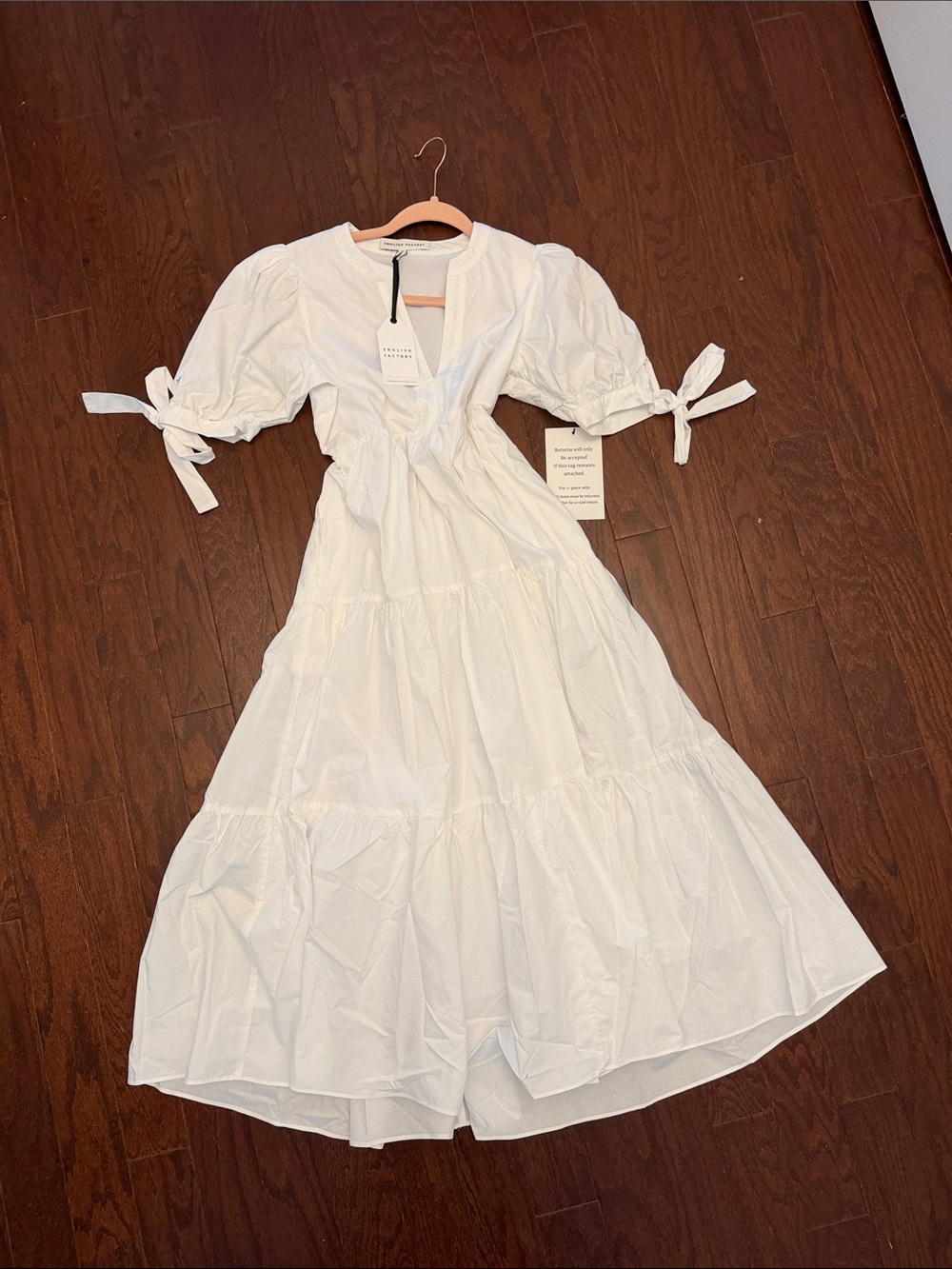 English Factory White Tiered Maxi Dress with Puff Sleeves and Ties